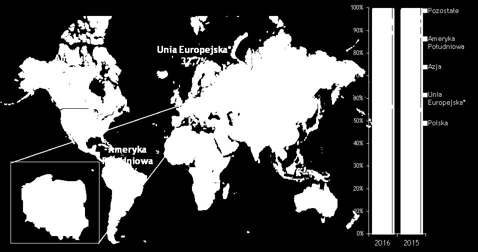Kierunki sprzedaży Jednostki Dominującej w rozbiciu na regiony (wg przychodów ze sprzedaży) 2,8% 1,8% 2,0% Polska 13,4% Niemcy 41,3% Pozostałe kraje Unii Europejskiej Ameryka Południowa Pozostała