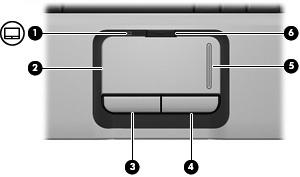 Elementy w górnej części komputera Płytka dotykowa TouchPad Element (1) Wskaźnik płytki dotykowej TouchPad Niebieski: Płytka dotykowa TouchPad jest włączona.