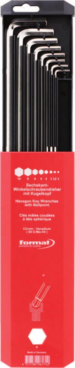 Zestaw kluczy 6-kątnych z końcówką sferyczną, długich Wykonanie: DIN 911 L, ISO 2936 L. Ze stali chromowo-wanadowej hartowanej na wskroś, niklowanej i lakierowanej.