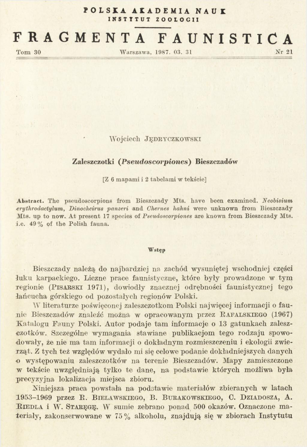 POLSIA AKADEMIA NAUK INSTYTUT ZOOLOGII FRAGMENTA FAUNISTlCA Tonn 30 Warszawa, 1987. 03.