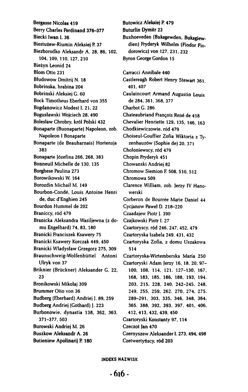 Bergo.sse Nicolas 419 Berry Charles Perdinand 376-377 Bieckilwanl. 36 Bieslużew Riumin Aleksiej P. 37 Biezborodko Aleksandr A. 28, 86, 102, 104. 109, 110. 127.