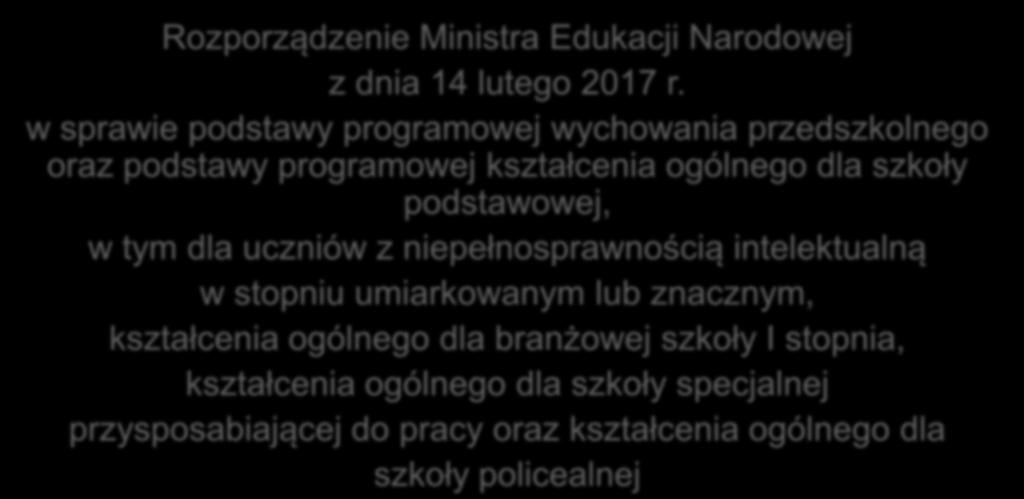 Podstawa prawna Ustawa z dnia 14 grudnia 2016 r. - Prawo oświatowe Rozporządzenie Ministra Edukacji Narodowej z dnia 14 lutego 2017 r.