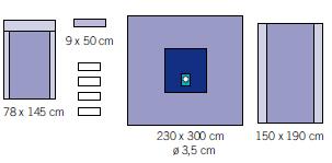 1 elastyczna osłona na nogę 30 x 120 cm 1 elastyczny bandaż 12cmx6m 2 przylepne serwety 75 x 90 cm z warstwą chłonną 25 x 60 cm (3-warstwowe na całej powierzchni) 1 serweta z wycięciem U z warstwą