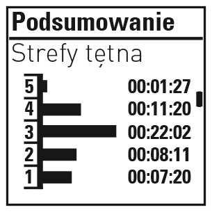 Informacje w formie tekstowej dotyczące wydajności. Podsumowanie zawiera informacje dotyczące czasu treningu w konkretnych strefach tętna, spalonych kalorii i czasu trwania treningu.