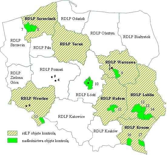 Załączniki Rys. 4. Rozmieszczenie terytorialne jednostek objętych kontrolą 1. Dyrekcja Generalna Lasów Państwowych 2. Centrum Informacyjne Lasów Państwowych 10. Nadleśnictwo Brzeziny 3.