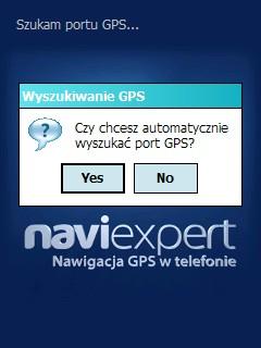 Konfiguracja NaviExperta na telefonie Windows Mobile Podczas pierwszego uruchomienia pojawi się pytanie czy automatycznie wyszukać GPS w