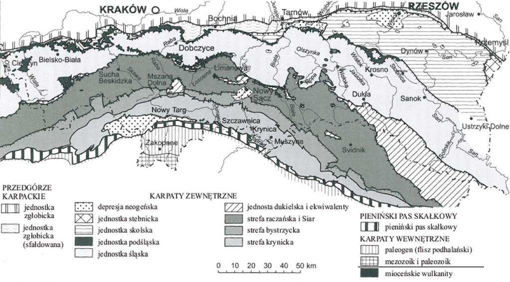 8 Rys. 2.2. Mapa geologiczna polskich Karpat (wg Żytko i in. 1989) Fig. 2.2. Geological map of the Polish Carpathians (after Żytko et al.