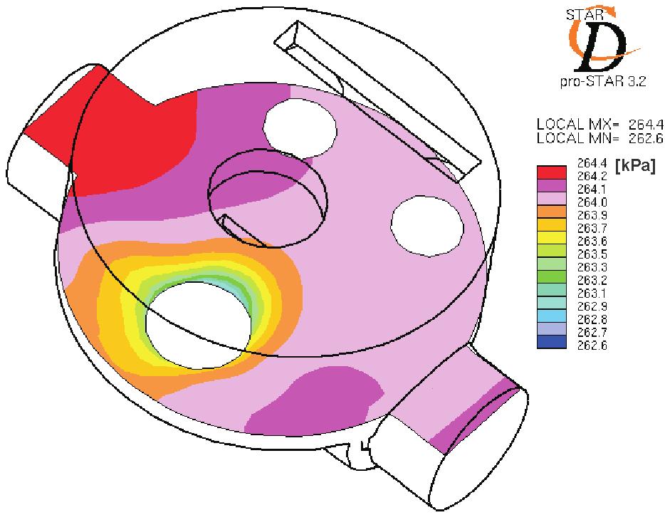 The analyses of the phenomena inside a CNG flap-valve injector... Design/Konstrukcja area of the valve. After 0.3 ms from the valve movement (time 1.8 ms) the pressure drops by approx. 0.1 MPa directly below the valve causing gas acceleration to about 270 m/s in this area.