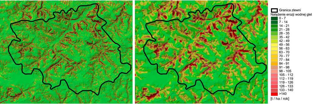 Map of potential water erosion of soils R-USLE model (real left, mean right) Ocena erozji wodnej oraz depozycji gleb modelem USPED USPED (Unit Stream Power based Erosion/Deposition) jest
