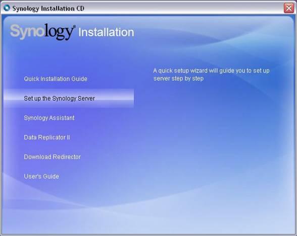 INSTALACJA OPROGRAMOWANIA SYSTEMU Użytkownik Windows 1. Włóż instalacyjny CD do komputera. 2. Po uruchomieniu automatycznego menu wybierz Konfiguruj Serwer Synology. 3.