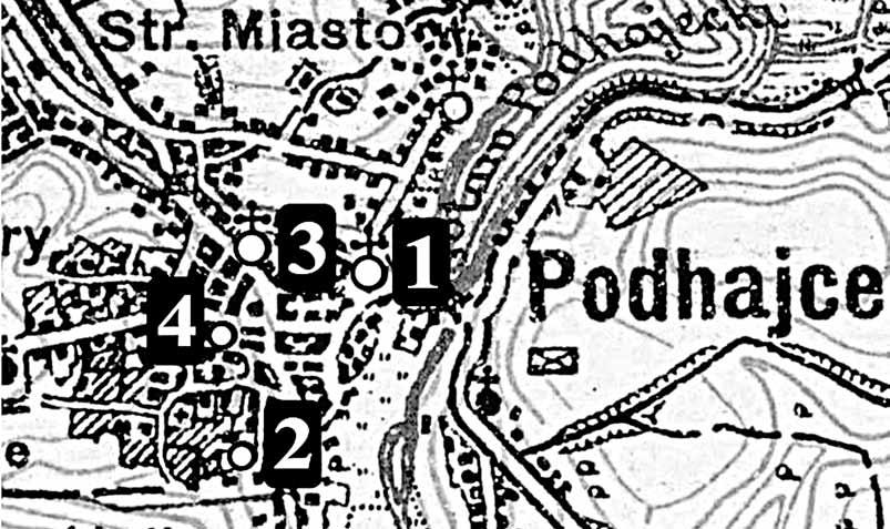 Mapa 16. Podhajce na mapie WIG z oznaczeniem obiektów sakralnych: 1. kościół parafialny; 2. cerkiew pw. Przemienienia Pańskiego; 3. cerkiew pw. Zaśnięcia Bogarodzicy; 4.