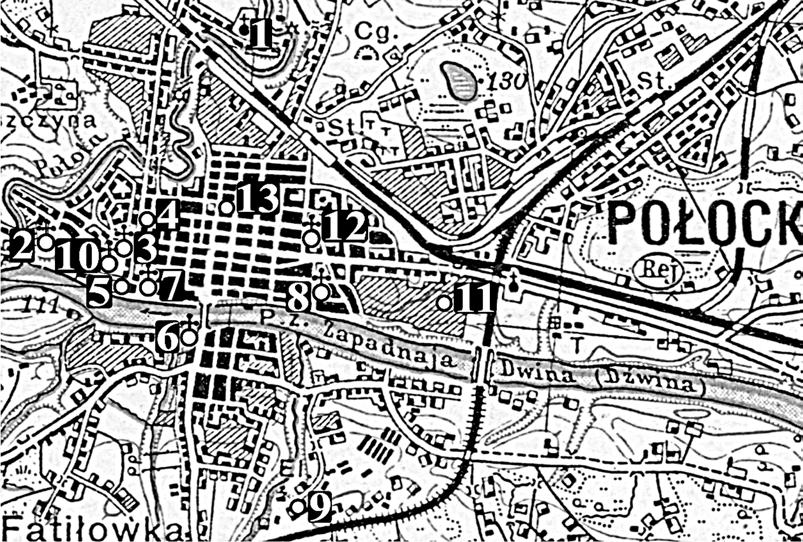 kościół pw. Matki Bożej Różańcowej (dawny klasztor Dominikanów); 5. lokalizacja klasztoru Franciszkanów; 6. ruiny klasztoru Bernardynów; 7. monaster pw.