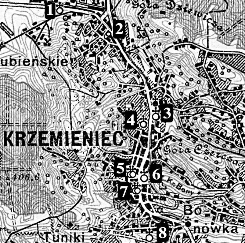 Mapa 14. Krzemieniec na mapie WIG z oznaczeniem obiektów sakralnych: 1. cerkiew garnizonowa; 2. synagoga (obecnie dworzec autobusowy); 3. cerkiew pw. Podwyższenia Krzyża Świętego; 4. monaster pw.