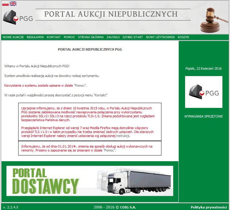 Opis postępowania dla uczestników aukcji na transport węgla Aby przystąpić do aukcji elektronicznej, należy wejść na stronę portalu aukcyjnego, który znajduje się pod adresem https://aukcje-pgg.coig.