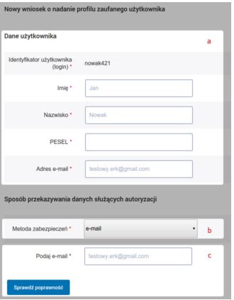 Krok 4 Pojawi się formularz Nowy wniosek o nadanie profilu zaufanego użytkownika, w którym: a) należy sprawdzić poprawność danych w sekcji Dane użytkownika, b) w polu Metoda