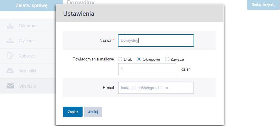 epuap W celu otrzymywania na adres e-mail powiadomień o nowej korespondencji wpływającej na skrzynkę epuap należy w opcji Ustawienia wybrać jeden z dostępnych wariantów: