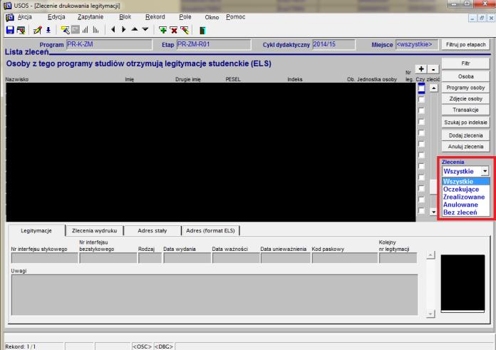15 Filtry służą do tego, by wyświetlić wszystkie te osoby, które na zakładkach Legitymacje i Zlecenia wydruku zapisane mają informacje, spełniające określone w żądaniu warunki.