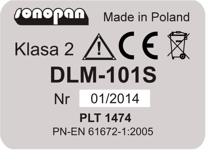 Rys. 1.3. Miernik poziomu dźwięku DLM-101S tabliczka znamionowa. UWAGA! Na Rys. 1.4 przedstawiono budowę mikrofonu. Pod żadnym pozorem nie wolno odkręcać siatki ochronnej!