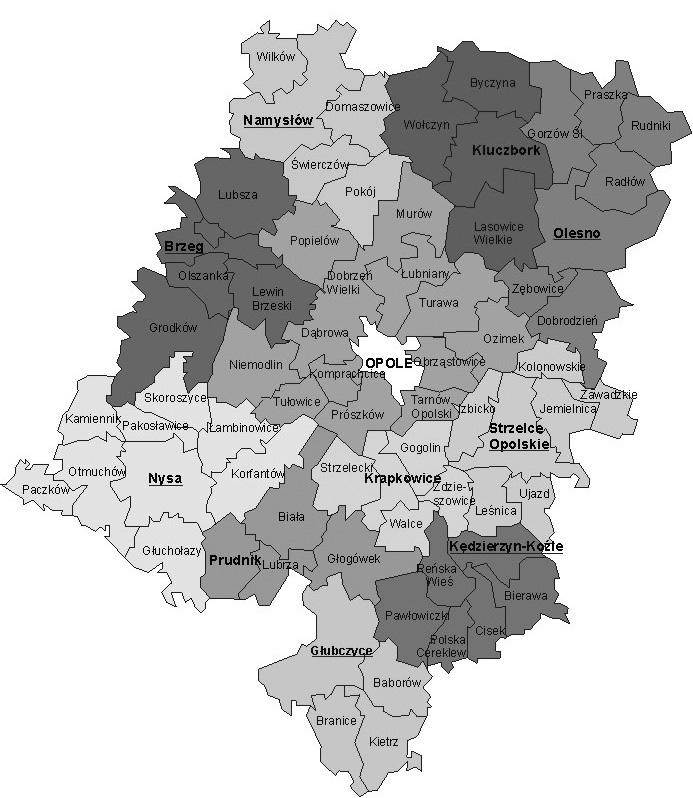 Ludność na obszarach wiejskich województwa opolskiego przeszłość i perspektywy... 233 Ryc. 1. Podział administracyjny województwa opolskiego obowiązujący od 1 stycznia 1999 r.