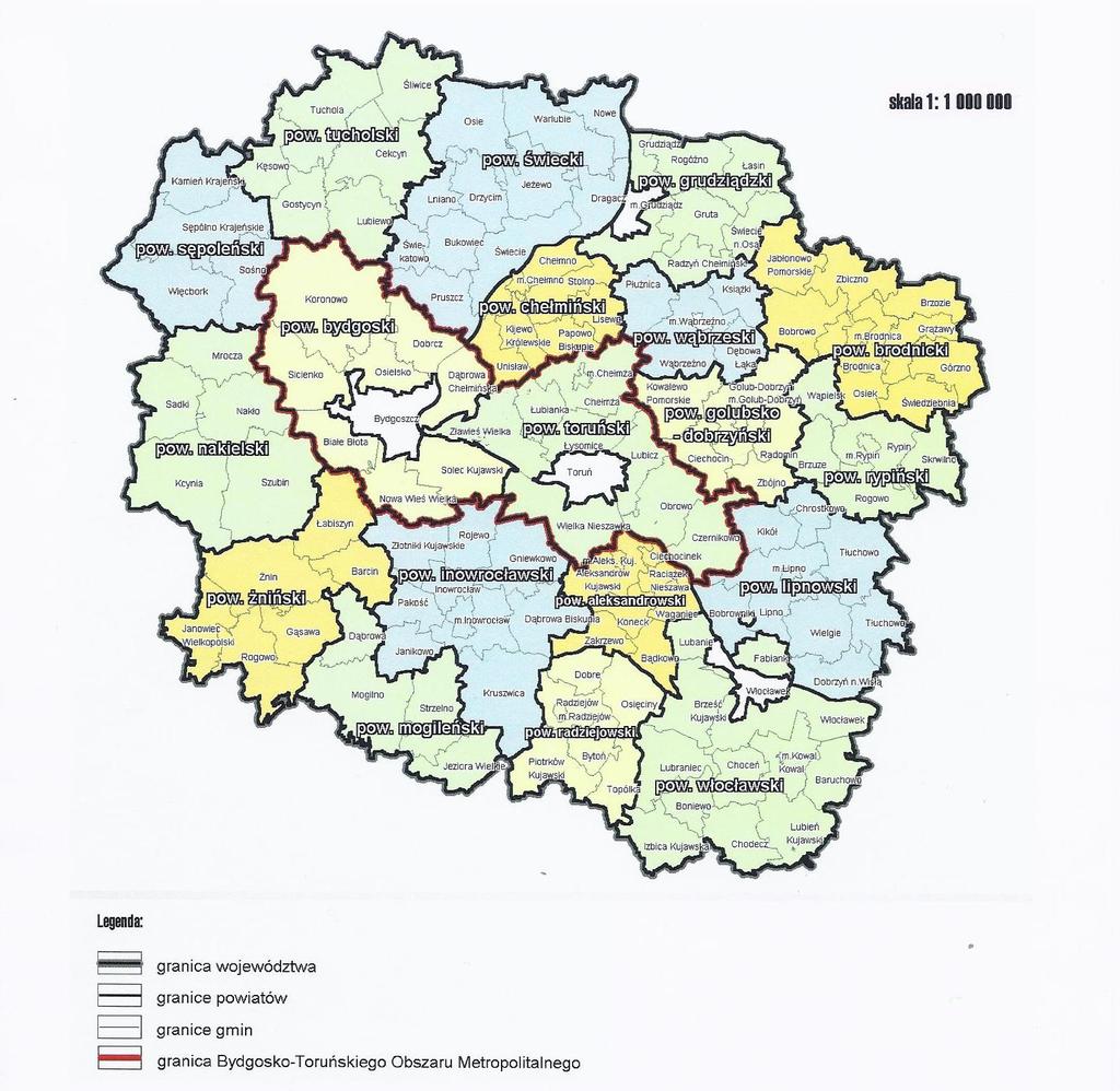 Zgodnie z ustaleniami Planu Zagospodarowania Województwa Kujawsko-Pomorskiego, sieć osadniczą w województwie kujawsko-pomorskim tworzy osiem obszarów o różnych uwarunkowaniach.