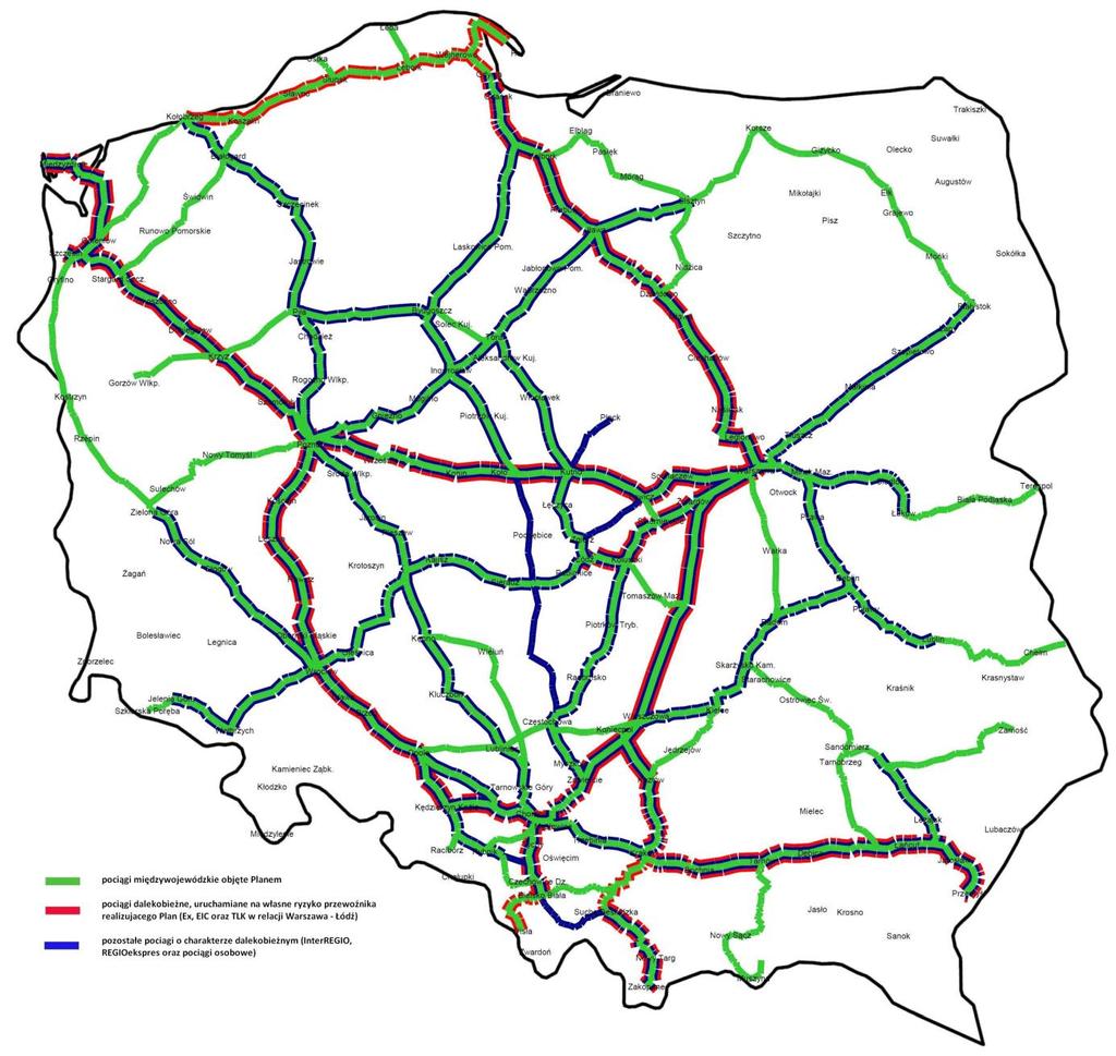 Rys. 10. Kolejowe połączenia międzywojewódzkie funkcjonujące w ramach użyteczności publicznej stan na 22 maja 2012 r.