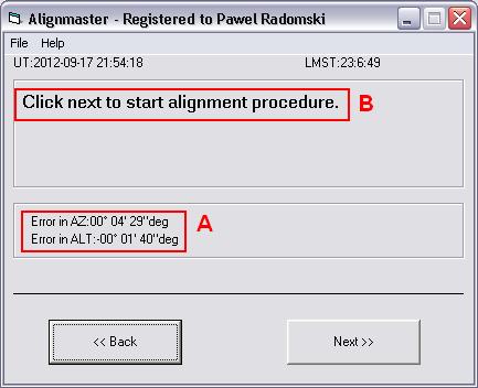Alignmaster na podstawie korekty jakiej dokonalismy przy pomocy przycisków kierunkowych wyznaczy nam błąd ustawienia na biegun A - Błąd ustawienia na biegun (dla osi AZ i ALT) B - Program informuje