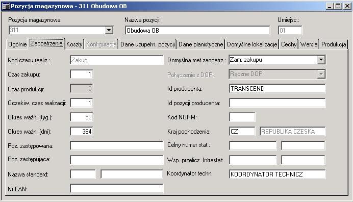 System IFS Applications TM 233 Rys. 4. Okno dialogowe: Pozycja magazynowa/zaopatrzenie Tablica 2. Dane dla Pozycji magazynowych/zaopatrzenie Poz. Kod czasu Czas Czas Oczekiw. czas Domyślna met.