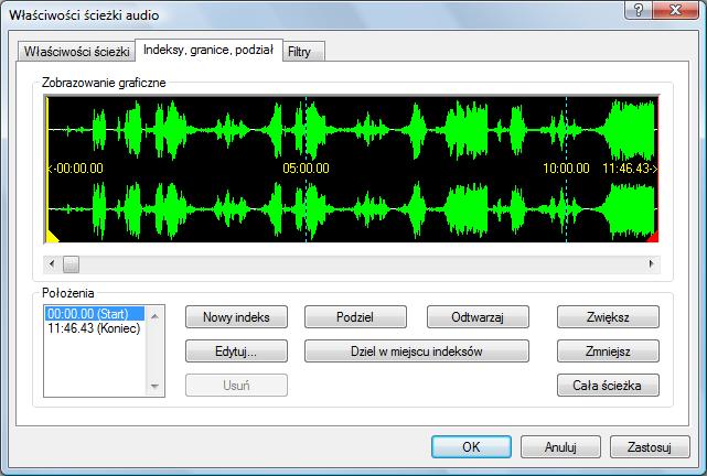 Płyty Audio CD i pliki audio Zakładka Indeksy, granice, podział W polu Oscyloskop przedstawiane są graficznie pliki audio.