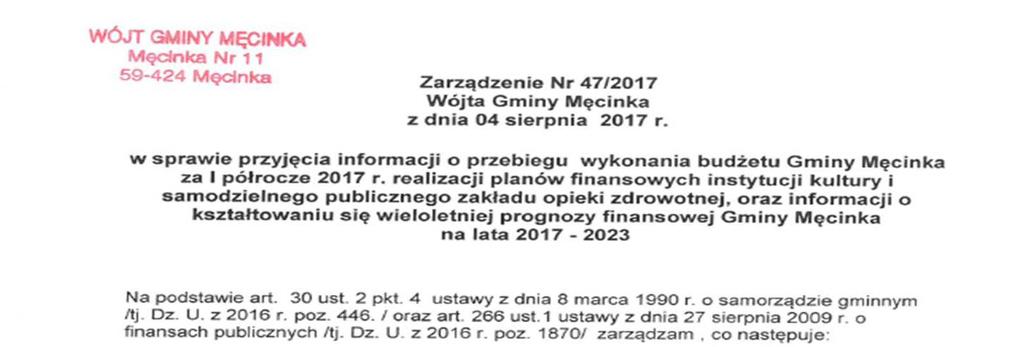 Zarządzenie nr 47 w sprawie przyjęcia informacji o przebiegu wykonania budżetu za