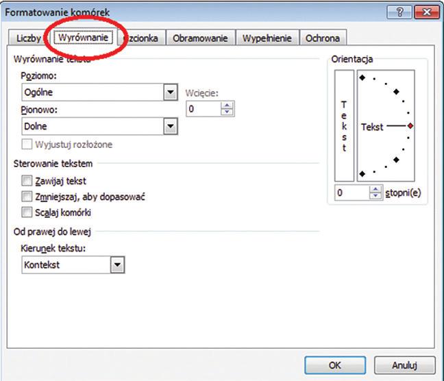 spotkanie 3 103 Rys. 29 Zakładka Wyrównywanie Wybierzcie odpowiednie opcje z listy rozwijalnej Poziomo w zakładce Wyrównywanie tekstu (rys. 30). Rys. 30 Wyrównywanie tekstu w poziomie Kolejne opcje oznaczają: Ogólne domyślne wyrównywanie tekstu do lewego marginesu i liczb do prawego.
