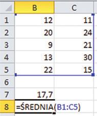 Uzupełnijcie komórki według polecenia; 2. Wpiszcie funkcję =ŚREDNIA(B1;B2;B3;B4;B5;C1;C2;C3;C4;C5); 3. Wpiszcie funkcję =ŚREDNIA(B1:C5). Rys.