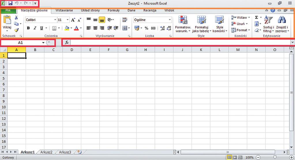 spotkanie 1 39 GŁÓWNE OKNO PROGRAMU Po otwarciu programu Excel wyświetli się pusta tabela. Jednak zanim zaczniecie jej używać, powinniście lepiej ją poznać. Najpierw ją pokażę, a potem omówię.