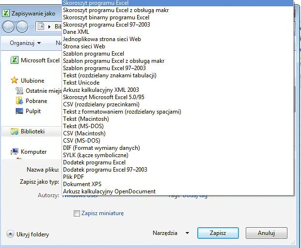 spotkanie 1 43 Co oznacza zmiana formatu? Rys. 15 Polecenie Zapisz jako W oknie dialogowym rozwińcie listę Zapisz jako typ. Możecie wybrać np. format Szablon programu Excel 97-2003.