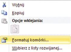 sam tekst, a nie komórkę). Następnie należy przycisnąć prawy przycisk myszy i wybrać z listy polecenie Formatuj komórki (rys. 12). Pokaż omawianą opcję.