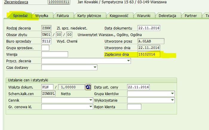 Na tym ekranie należy wejść w zakładkę Sprzedaż i uzupełnić pole zapłacono dnia.