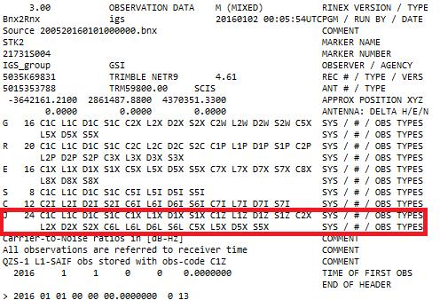 60 IAPGOŚ 4/2016 p-issn 2083-0157, e-issn 2391-6761 Rys. 3. Fragment nagłówka pliku obserwacyjnego RINEX ze stacji STK2 [12] 2.