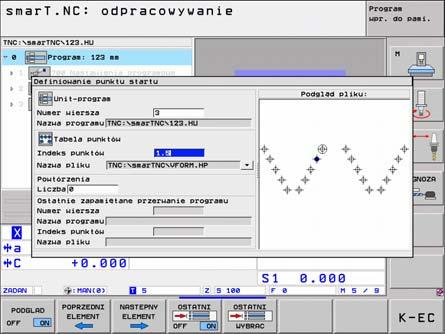 Testowanie graficzne i odpracowywanie programu UNIT Dowolne wejście do programu (wyszukiwanie wiersza, funkcja FCL 2) Przy pomocy funkcji wyszukiwania wiersza można odpracowywać program obróbki z