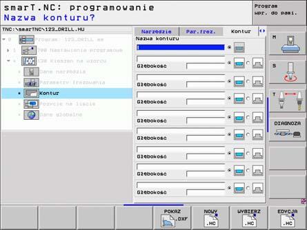 Dodatkowe parametry w formularzu szczegółowym Kontur: Gł bokość: Oddzielnie definiowalne gł bokości dla każdego podkonturu (FCL 2-funkcja) Definiowanie zabiegów List podkonturów rozpoczynać