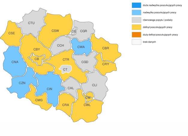 PROGNOZA NA 2017, WOJEWÓDZTWO KUJAWSKO-POMORSKIE RELACJA MIĘDZY DOSTĘPNĄ SIŁĄ ROBOCZĄ A ZAPOTRZEBOWANIEM NA PRACOWNIKÓW W GRUPIE ZAWODÓW TECHNICY MECHANICY WG POWIATÓW Źródło: http://barometrzawodow.