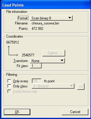 3. Wyświetlić surową chmurę punktów (okno główne tscan) >File > Read points>- (wskazać plik chmura_surowa.bin)> Add>Done Informacje dot. pliku Informacje dot. ukł. współrzędnych Informacje dot.
