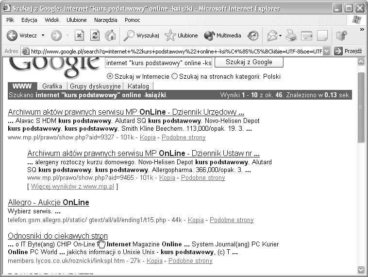 Google 85 7. Kliknij przycisk Szukaj z Google. 7 8. Wyświetlona zostanie lista trafień. 10 9 8 9. Liczba trafień pojawia się na niebieskim pasku. 10. Przeglądnij znalezione pozycje.