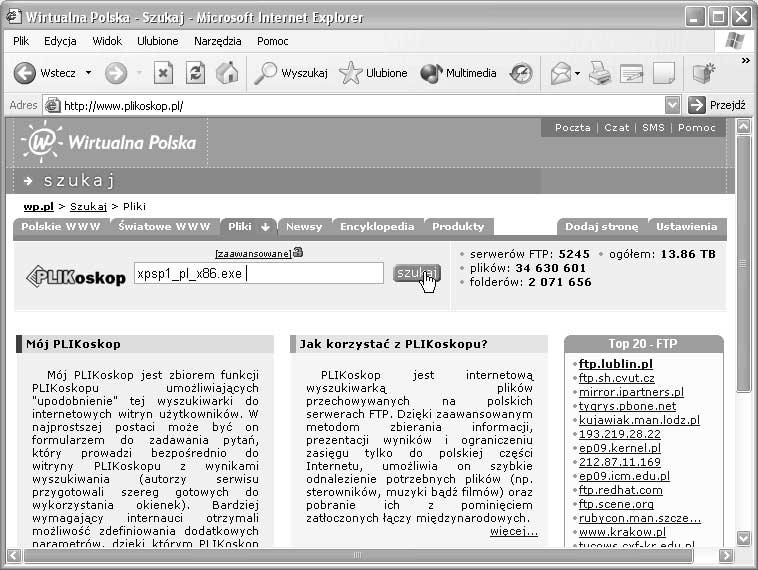 Wyszukiwanie plików PLIKoskop 90 Wyszukiwanie plików PLIKoskop PLIKoskop PLIKoskop to internetowa wyszukiwarka plików przechowywćanych na polskich serwerach FTP.