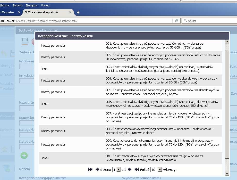 W liście naleŝy wybrać kategorie kosztów: - koszty personelu przy wydatkach dotyczących wynagrodzeń -