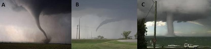 Rysunek 14-15. Tornado, chmura kominowa i trąba wodna.