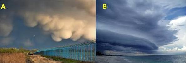 Rysunek 14-17. Zjawisko mamma(a) i wał chmur rotorowych (B). 14.6.6. Wpływ burzy na wysokościomierz. Ciśnienie zwykle spada gwałtownie wraz ze zbliżaniem się burzy.