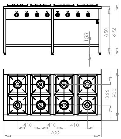 Kuchnia oznaczona symbolem KG-8(*)(**) Wymiary[mm]: wysokość 850, szerokość 1700, głębokość 900 Wymiary[mm]: wysokość 850, szerokość 1550, głębokość 750 Wymiary[mm]: wysokość 850, szerokość 1550,