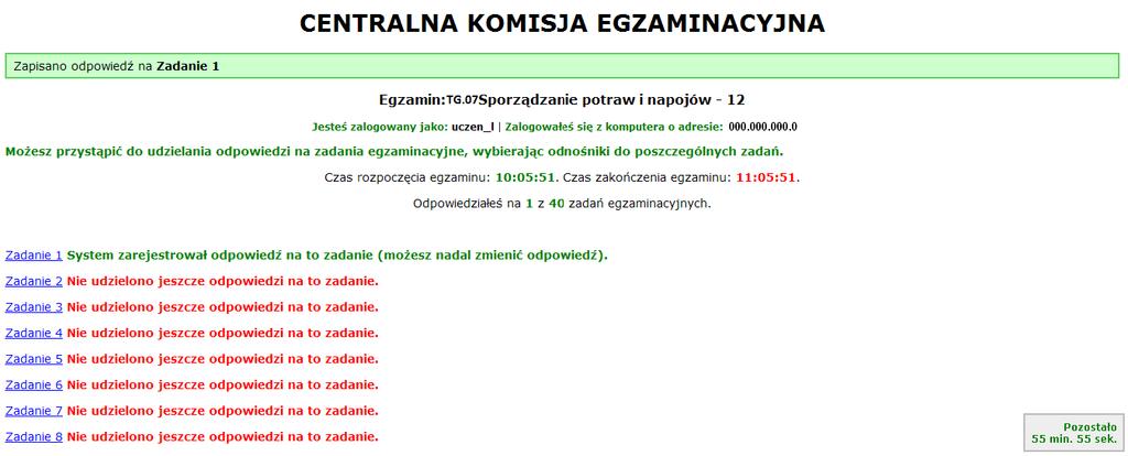 Rysunek M1.6. Okno z wybranym zadaniem System odnotowuje, na które zadania zdający udzielił odpowiedzi.