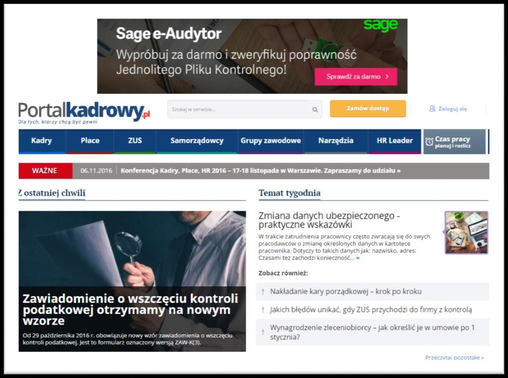 PortalKadrowy.pl formy reklamowe BANER na stronie głównej i na pozostałych podstronach serwisu.