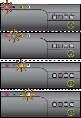 Rozdział 5 (ciąg dalszy) Opis kontrolki/kombinacji kontrolek Kontrolka zasilania świeci, a kontrolki pojemników z tuszem migają jedna po drugiej, od lewej do prawej.