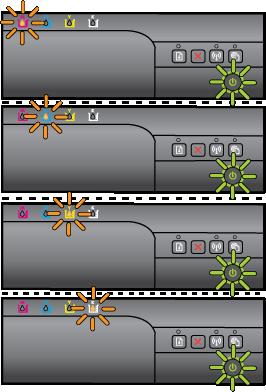 (ciąg dalszy) Opis kontrolki/kombinacji kontrolek Kontrolka zasilania miga, a kontrolki pojemników z tuszem migają jedna po drugiej, od lewej do prawej.